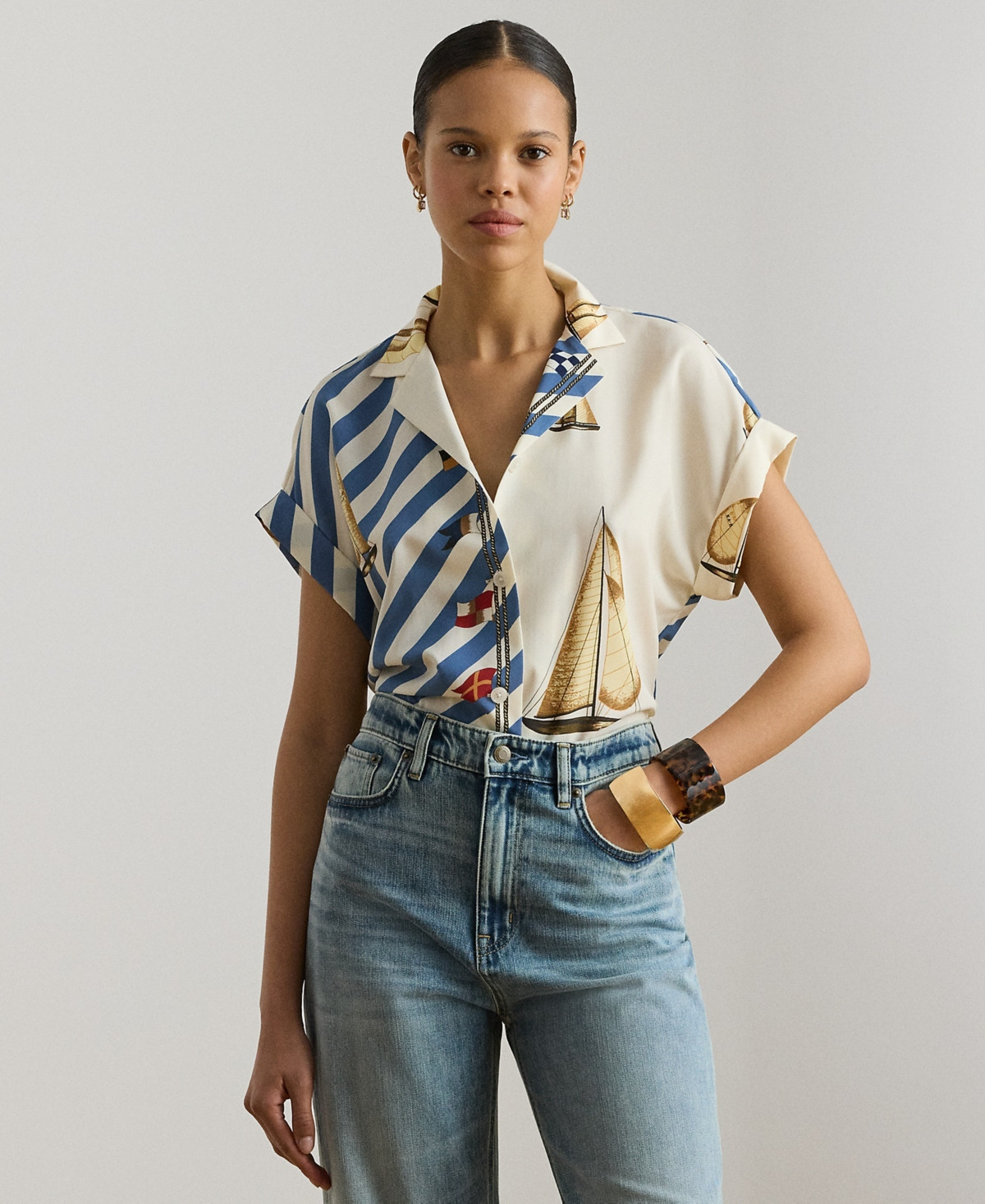 Lauren Ralph Lauren Petite Kahlie Striped Sailboat-Print Shirt - Cream Multi | Macy's