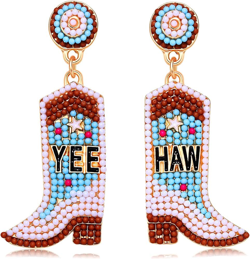 Beaded Cowboy Boot Earrings Western Cowgirl Boot Drop Dangle Earrings for Women Boho Handmade Wes... | Amazon (US)