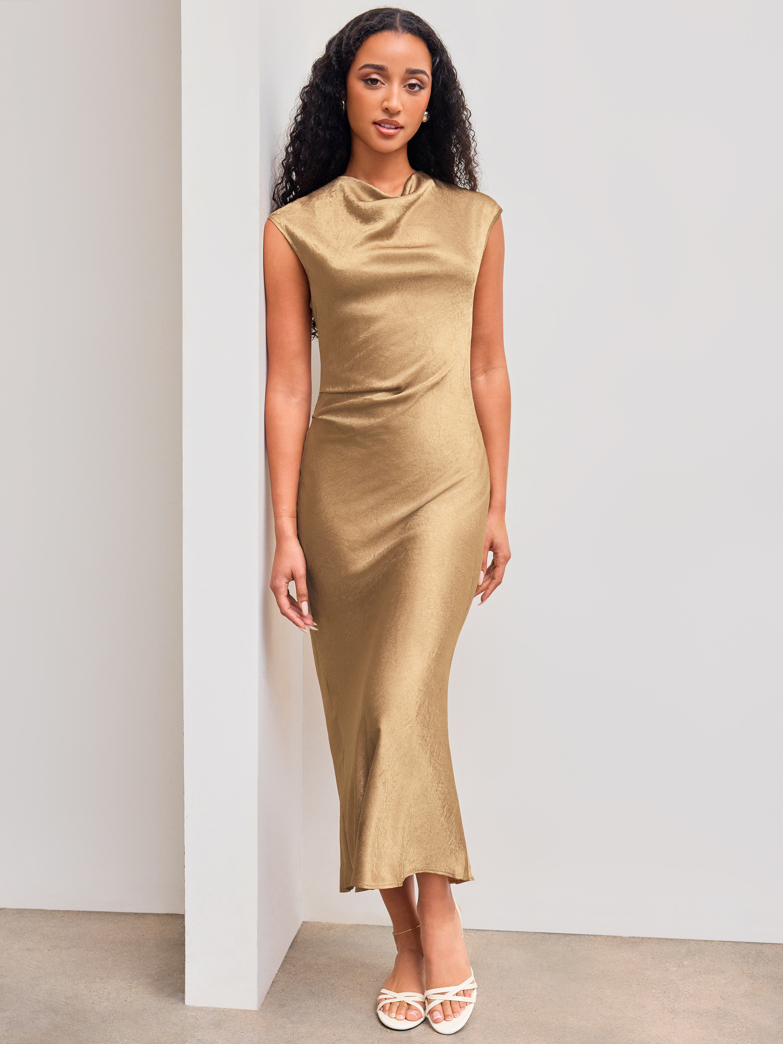 Woven Cowl Neck Solid Ruched Zipper Cut Out Midi Dress For Wedding Work | Cider