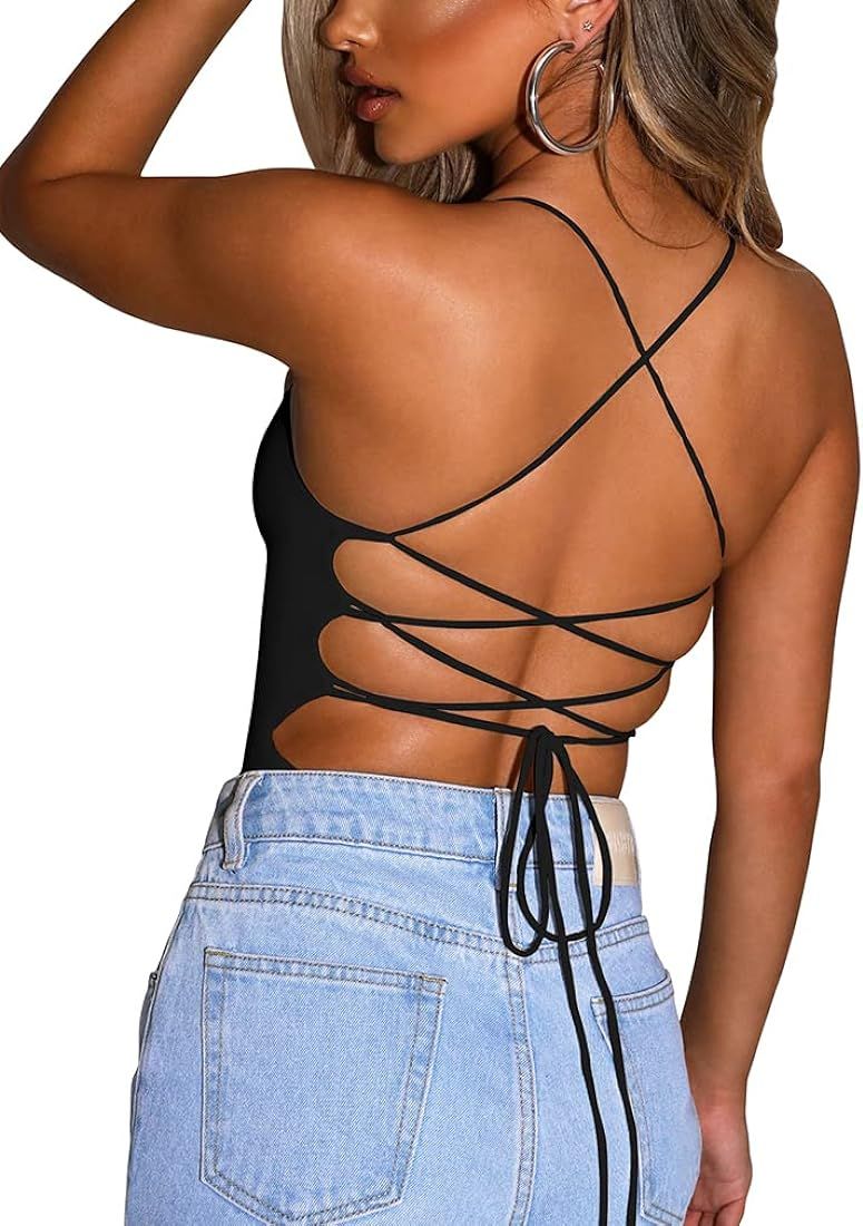 YMDUCH Women's Sexy Sleeveless Criss Cross Backless Cami Bodycon Bodysuit Tops | Amazon (US)