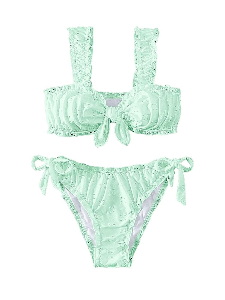 SHENHE Women's 2 Piece Cute Ruffle Swimsuit Knot Front Eyelet Tie Side Cut Bikini Set | Amazon (US)
