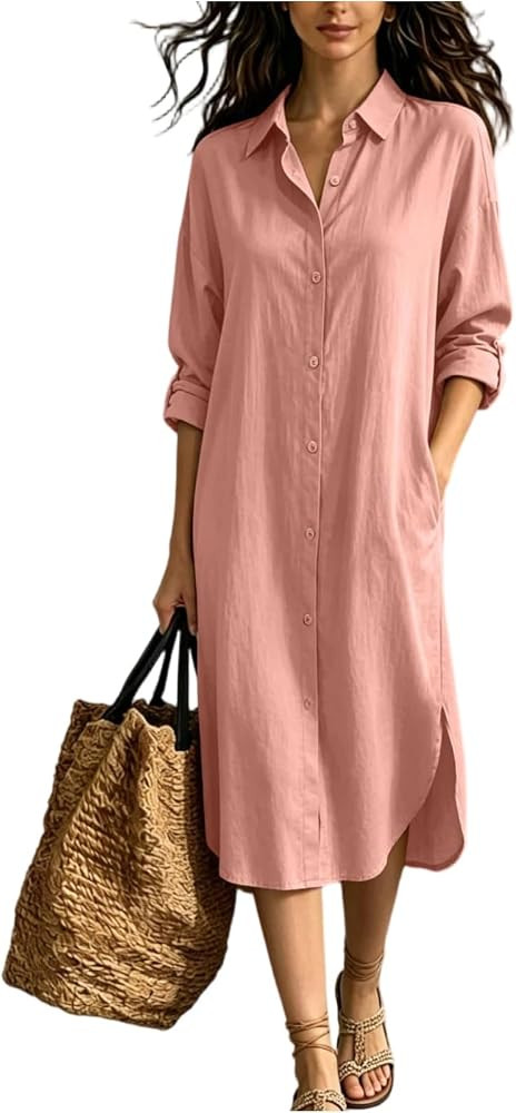Casual Maxi Dresses for Women Button Down Long Sleeve Shirt Dress Solid Loose Fit Beach Kimonos C... | Amazon (US)