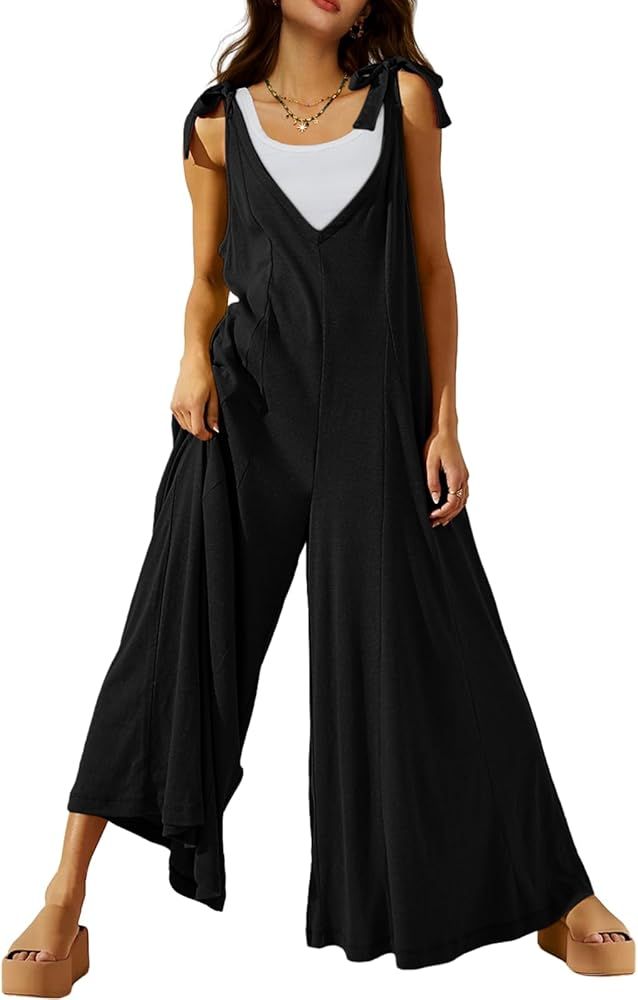 DEEP SELF Women's Summer Causal Jumpsuits Sleeveless Wide Leg Long Rompers V Neck Tie Strap Loose... | Amazon (US)