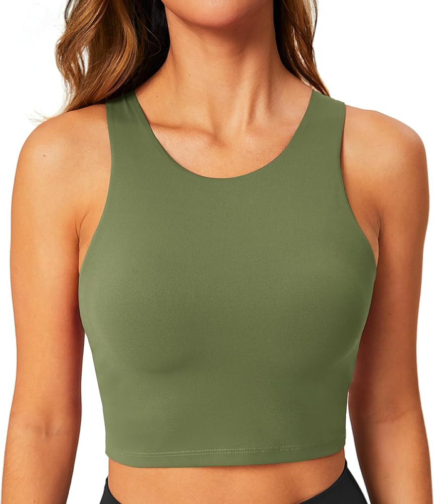 Longline Sports Bra High Neck Crop Top with Built in Bra Racerback Tank Tops Removable Padded Yog... | Amazon (US)