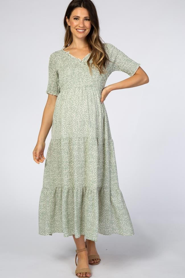Ivory Floral Smocked Wrap Front Pleated Tier Maternity Midi Dress | PinkBlush Maternity