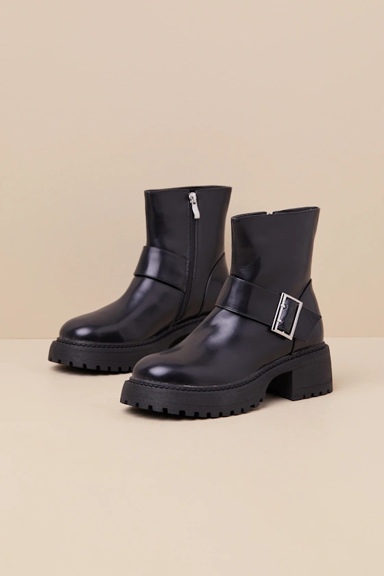 Mirrabelle Black Buckle Platform Ankle Boots | Lulus