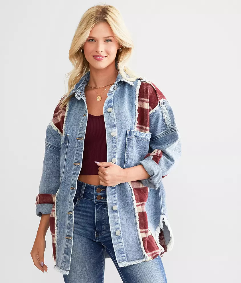 Plaid Pieced Denim Jacket | Buckle