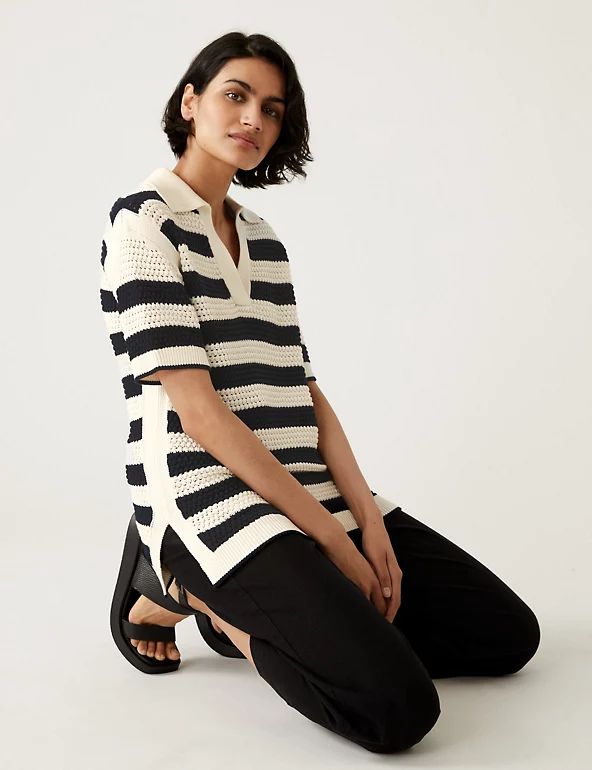 Pure Cotton Striped Collared Knitted Top | M&S Collection | M&S | Marks & Spencer (UK)
