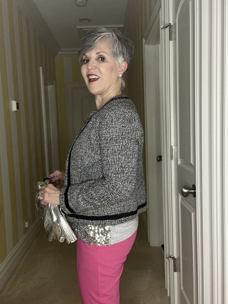 Would you wear a sequined top into February?  Check out this gorgeous silver front shell from @talbotsofficial. It’s WAY ON SALE!  I paired it here for a later winter/Valentine’s Day🩷look with a black tweed lady’s jacket and pink pants.  Perfect for work-to-out-to-Valentine’s day dinner!  Or a fun dressy lunch.  We tend to think of sequins as only holiday wear.  But I think it can go from early November until Valentine’s Day!  Just pair it with different pieces.  This week I’ll show you more ideas here and on my blog (drjuliesfunlife.com).  Why don’t you subscribe to this VERY FUN 🤩 blog for lots of fashion tips, easy, DELICIOUS recipes, SKIN CARE TIPS (I’m a retired dermatologist!).  I would so appreciate it.  Oh and share me with your friends to help me grow my blog. Thanks, and happy Sunday! 🥰
#ladyjacket
#sequins
#ltkaccessories

#LTKSeasonal #LTKsalealert #LTKfindsunder50