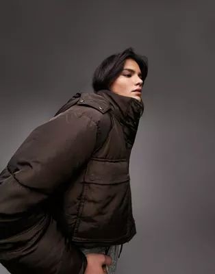 Topshop cropped hooded puffer jacket in brown | ASOS (Global)