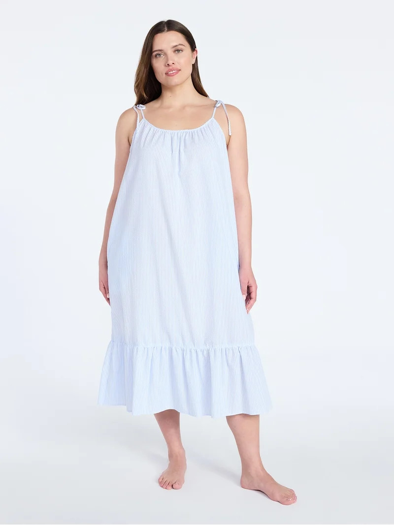 Joyspun Women's Seersucker Midi Sleep Gown with Shoulder Tie, Sizes XS to 3X | Walmart (US)