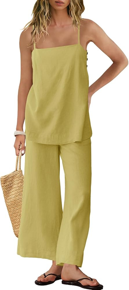 Panadila 2 Piece Linen Set Summer Travel Beach Vacation Outfit Sexy Spaghetti Strap Tank Top and ... | Amazon (US)