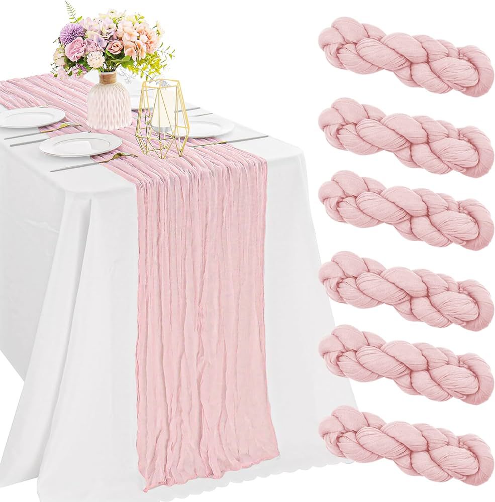 6 Pieces Pink 10FT Cheesecloth Table Runner Boho Gauze Fabric Table Runner Rustic Sheer Runner fo... | Amazon (US)