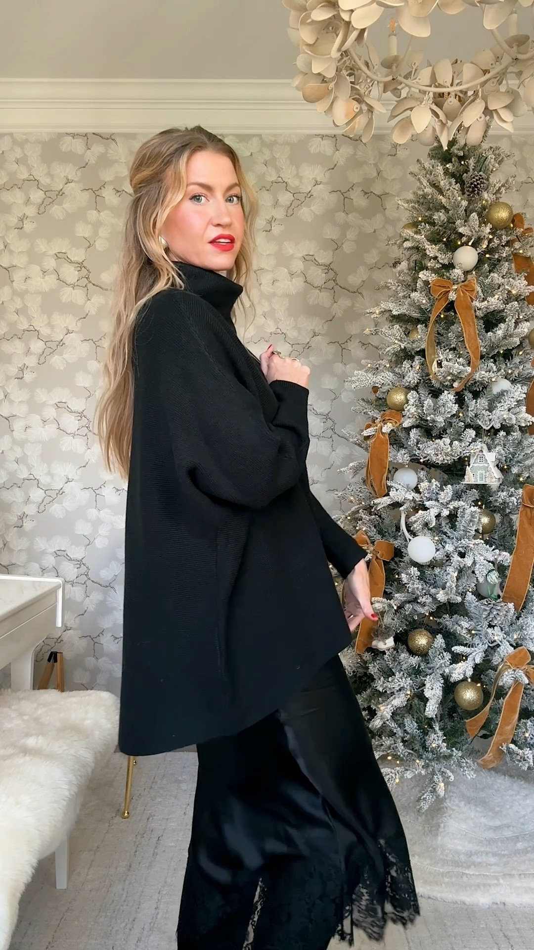 All black for church with a pop of red lip. 

Satin lace midi skirt: runs TTS, wearing an XS
Amazon sweater: runs TTS, wearing a S
Black wool coat with gold buttons: runs TTS, wearing a S
Black suede boots: on SALE, run TTS 
Lipstick shade: Light my Fire 

#LTKHoliday #LTKSeasonal #LTKSaleAlert