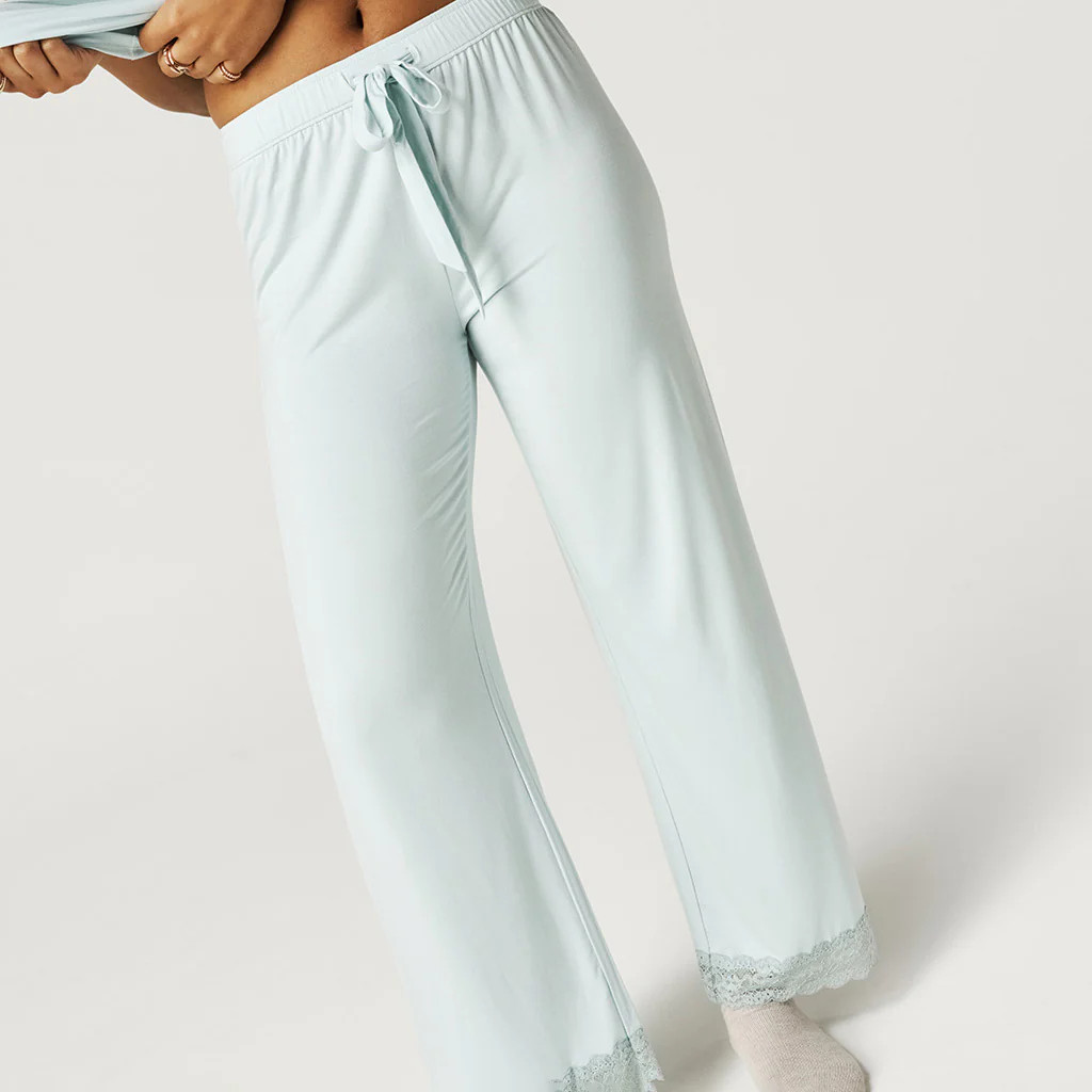 Solid Blue Straight-Leg Misty Blue Women's Lace Pajama Pants | Posh Peanut® | Posh Peanut