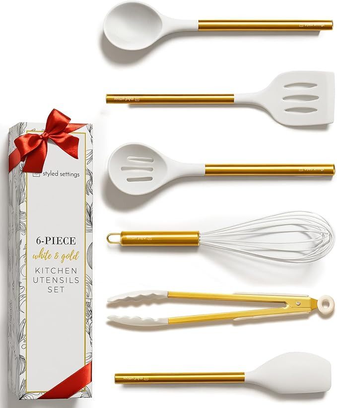 Gold Kitchen Utensils Set – 6 PC White Silicone and Gold Cooking Utensils with Spatula, Whisk, ... | Amazon (US)