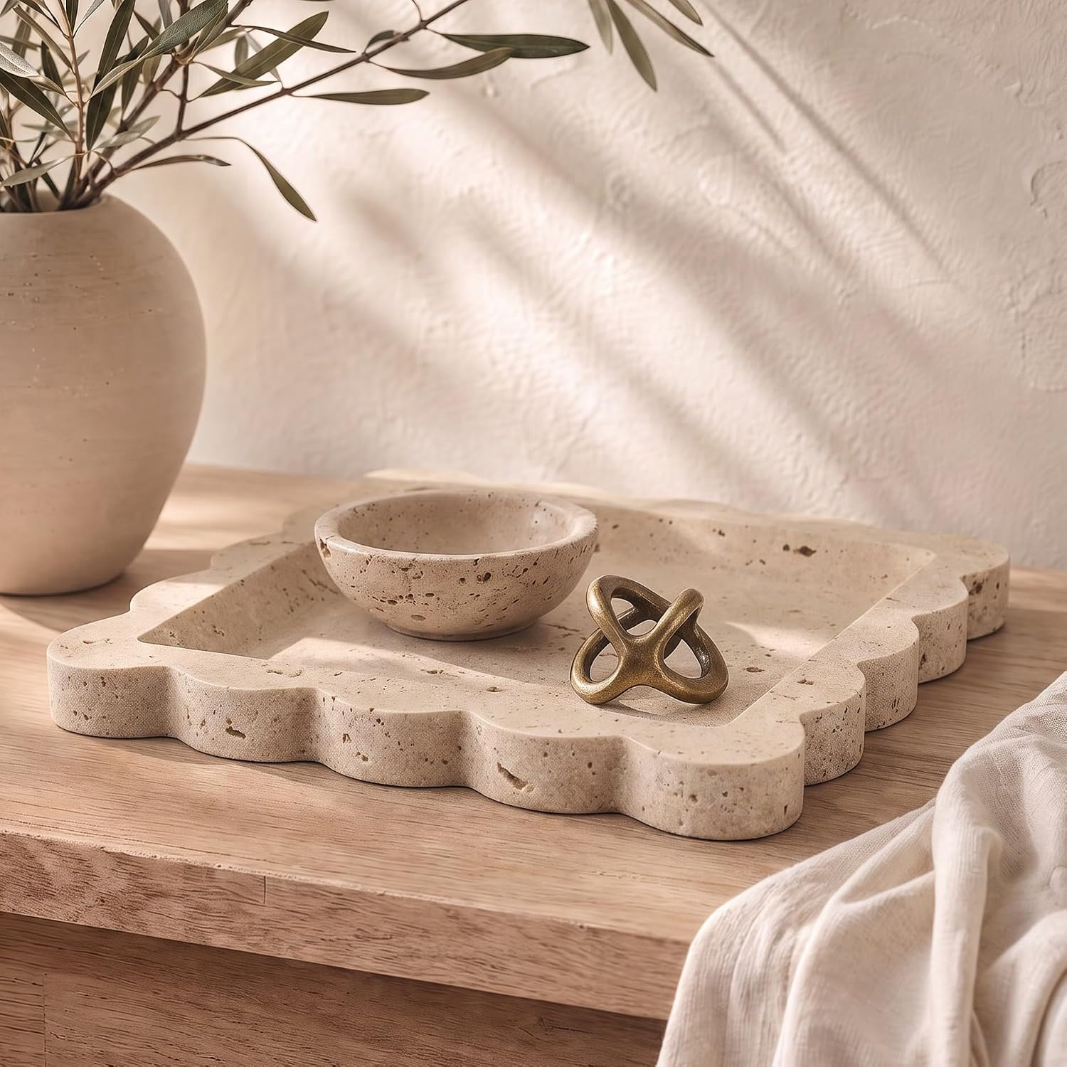 Decorative Scalloped Tray - Beautiful Travertine Stone Inspired 8"x8" Vanity Tray for Jewelry, Perfume and Trinkets - The Perfect Resin Decor Accent for Any Bathroom, Nightstand & Marble Coffee Table | Amazon (US)