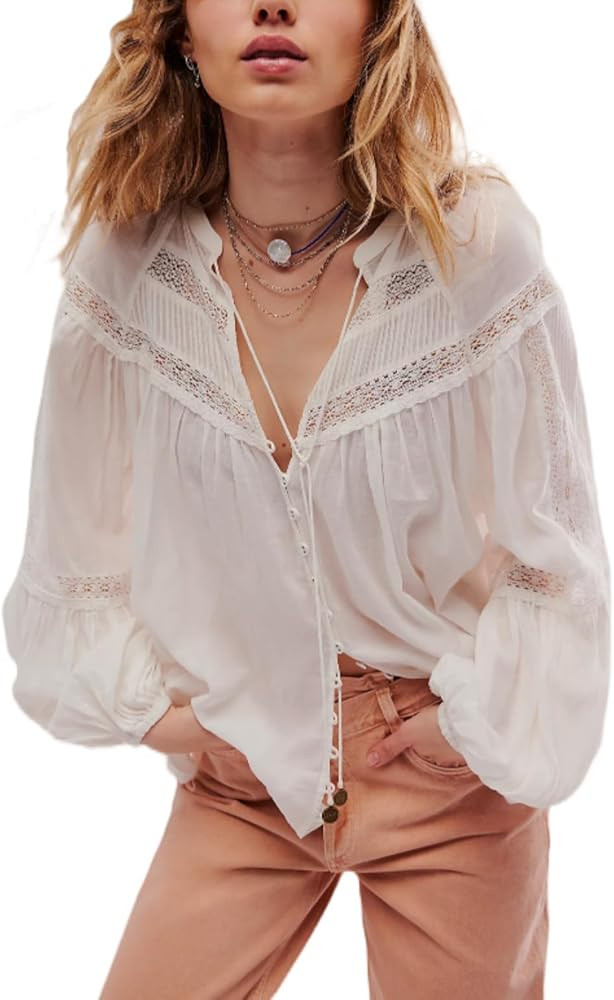Boho Lace Bow Tie Front Top for Women Cute Sheer Ruffle Flowy Long Sleeve Shirts Coquette V Neck ... | Amazon (US)