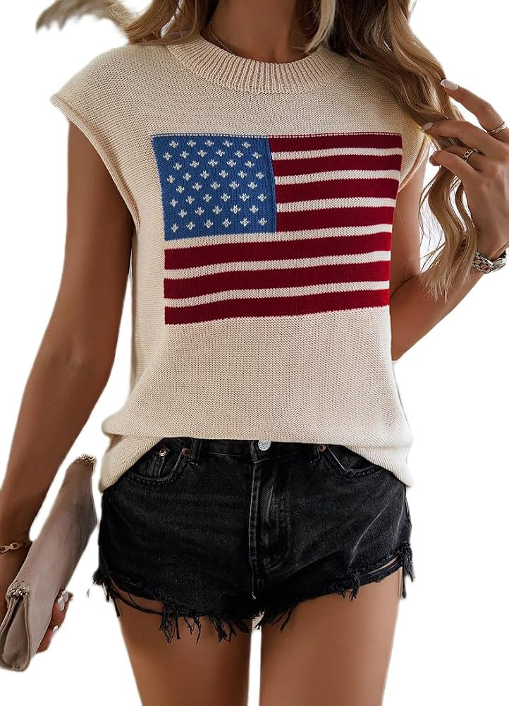 Giraropa Women American Flag Sweater Cap Sleeve Round Neck Loose Fit Knit Pullover Sweaters 4th o... | Amazon (US)