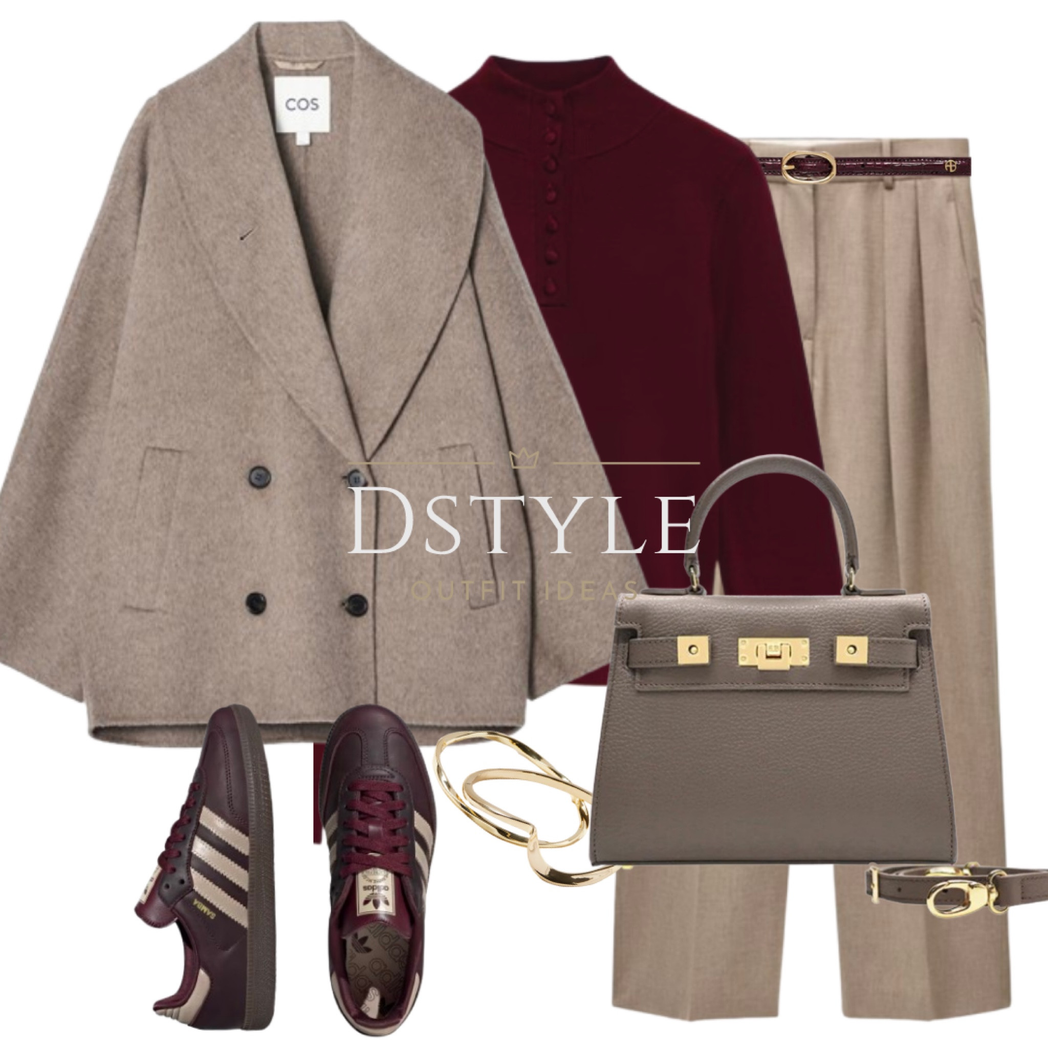 Wine fine knit sweater/ jumper with buttons, mole wool pea coat, brown wool pants/ trousers, maroon Adidas Samba sneakers/trainers

#LTKWorkwear #LTKShoeCrush #LTKItBag