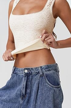 QINSEN Women's Lace Trim Square Neck Sleeveless Double-Layer Tank Top | Amazon (US)