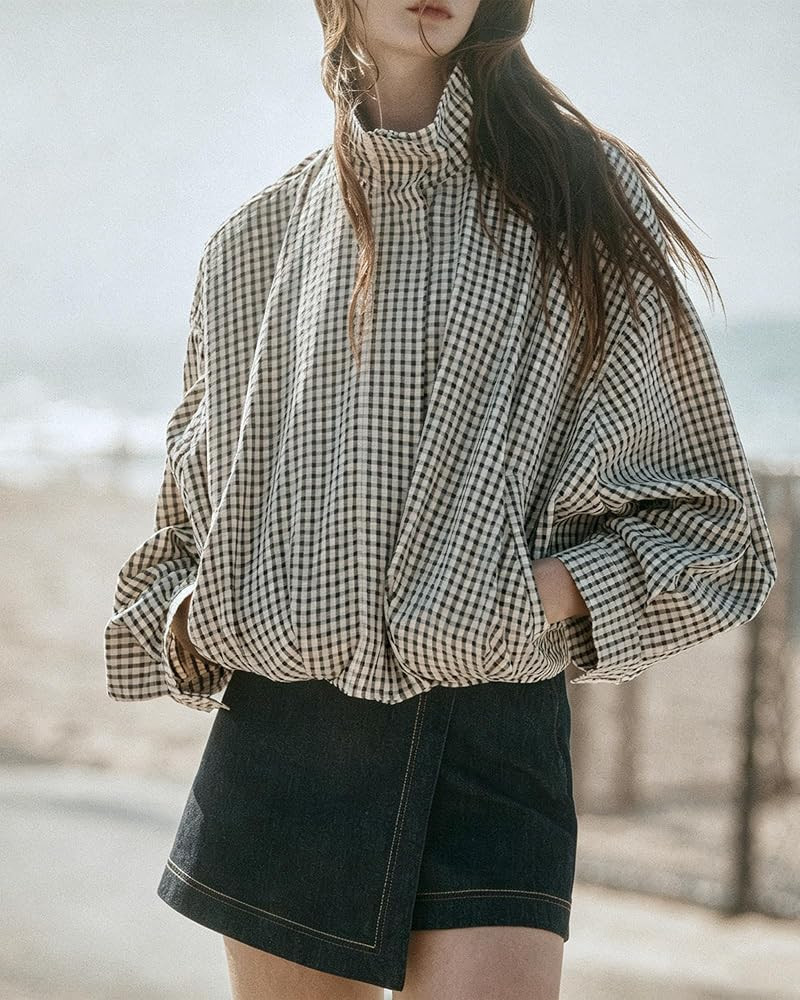 Womens Plaid Jacket Bomber Stand Collar Zip Up Coat with Pockets | Amazon (US)