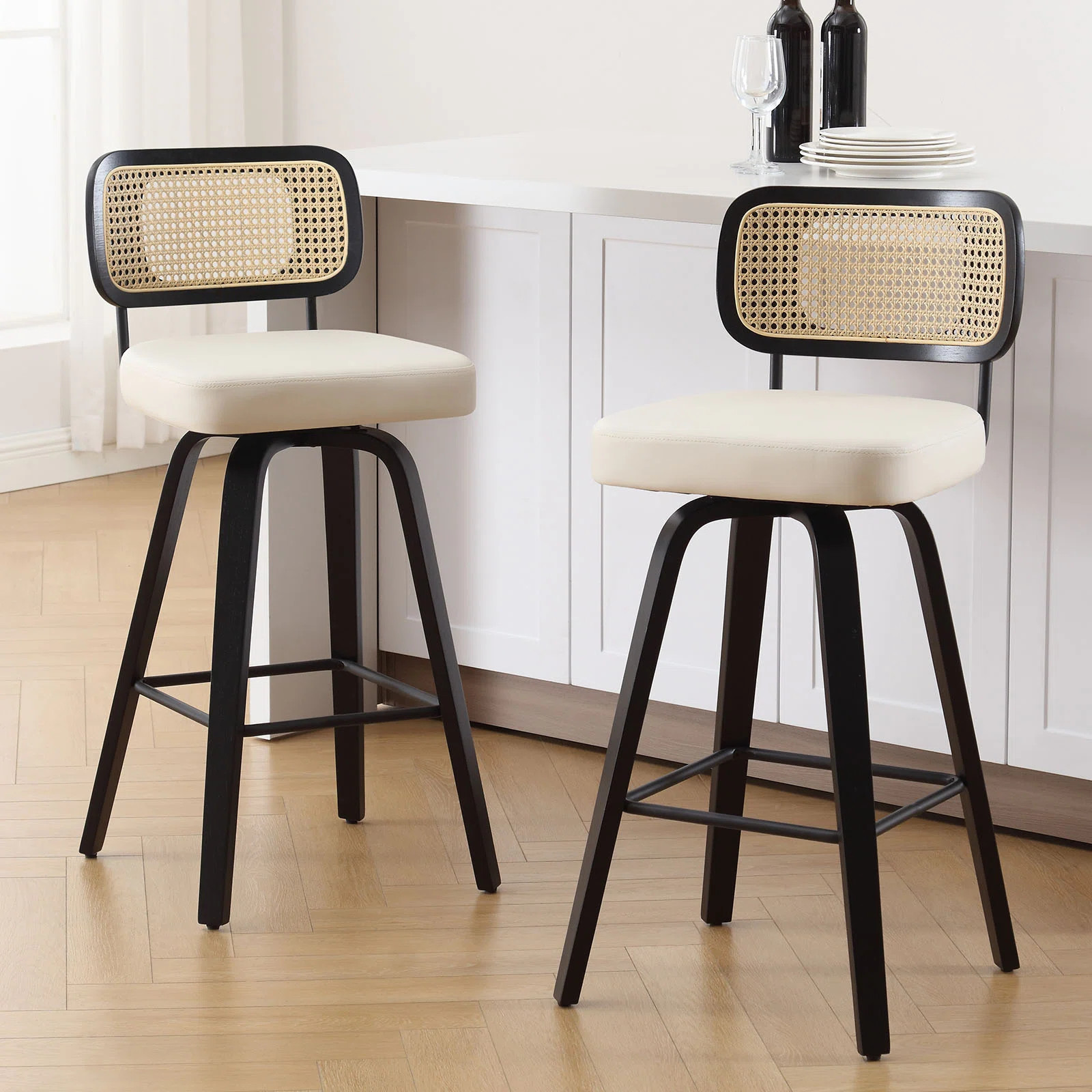 Julieza Swivel Upholstered Rattan Back Counter & Bar Stool | Wayfair North America