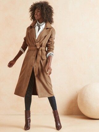 Petite Long Tie-Waist Vegan Suede Trench Coat | Banana Republic Factory