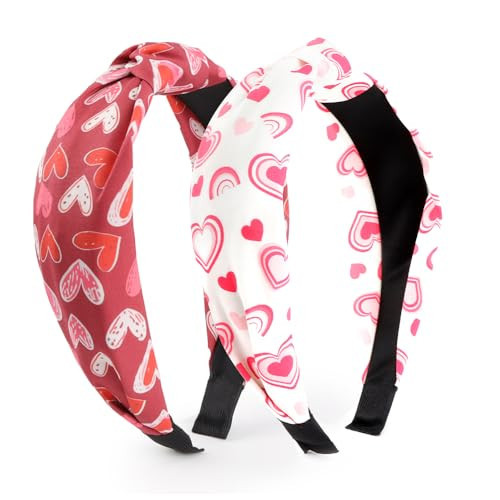 AHONEY 2 Pack Valentines Day Headband for Women Girls Outfit Love Heart Knotted Headband Red Top Knot Valentine's Day Hair Accessories Teacher Mamas Gifts | Amazon (US)