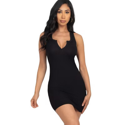 Slickblue Women's Ribbed Tank Mini Dress with Split Neck, Stretch Jersey Fabric, Black, Size M | Target