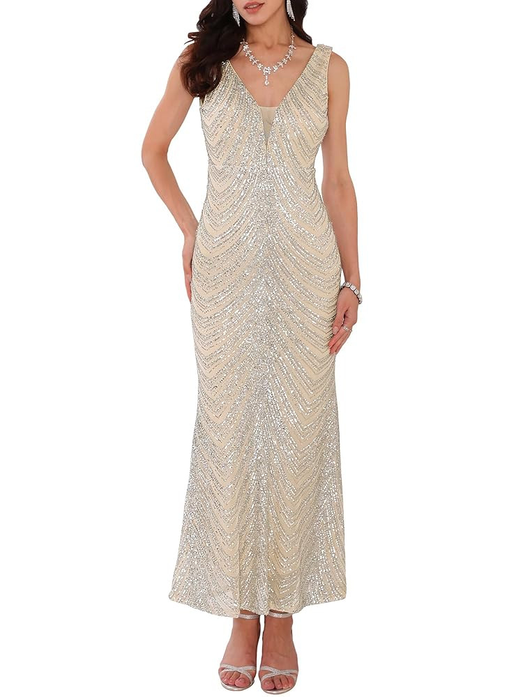 Women's Sequin Evening Dress V Neck Sleeveless Cocktail Maxi Gown Dresses | Amazon (US)