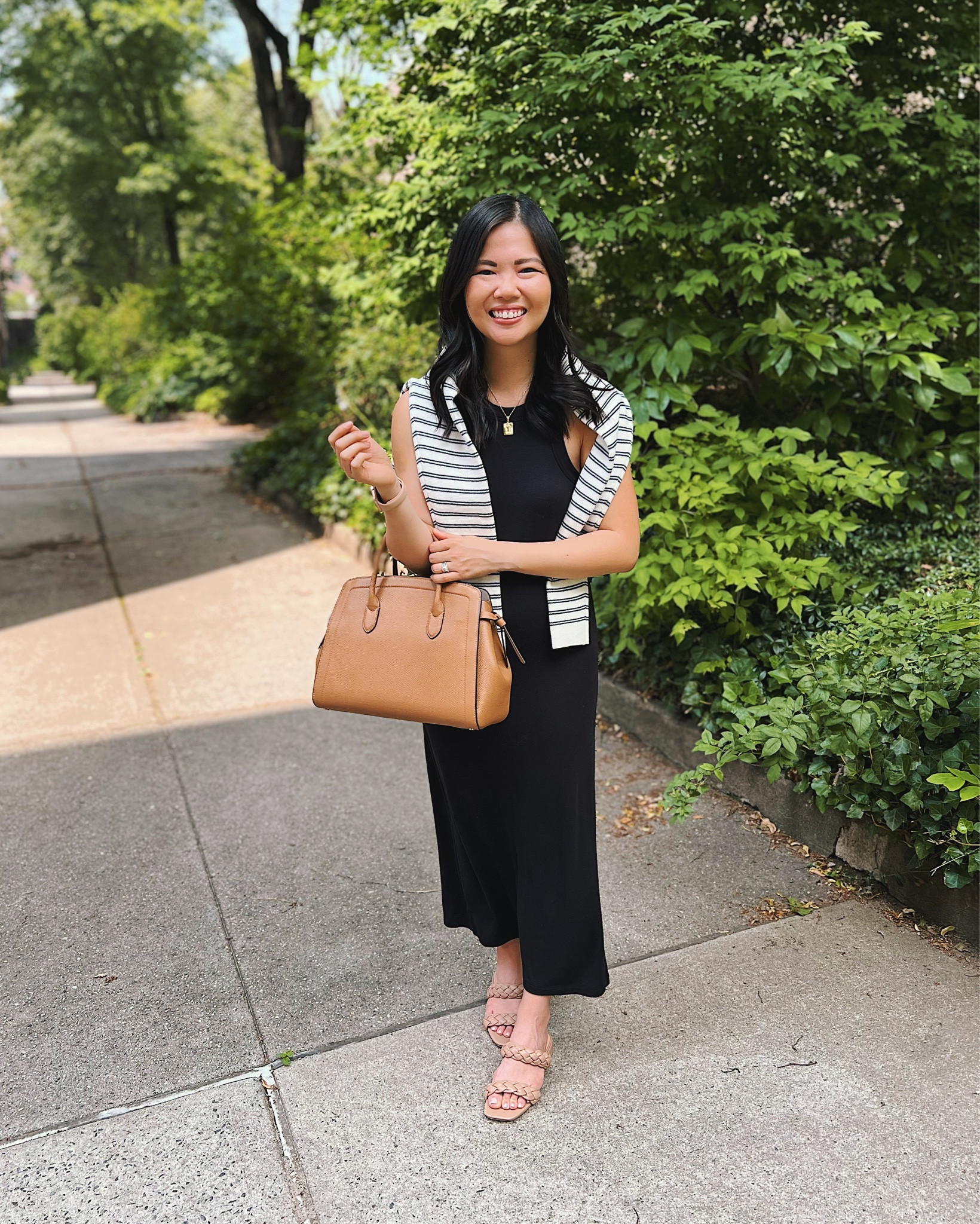 Black maxi dress (XSP)
Navy and white striped sweater  (XS)
Kate Spade Knott satchel
Kate Spade bag 
Light brown bag 
Braided sandals  (TTS)
Neutral outfit 
Neutral summer outfit 
Summer dress 
Summer work outfit 
Preppy outfit 
LOFT dress
Ann Taylor sweater 

#LTKFind #LTKunder100 #LTKSeasonal