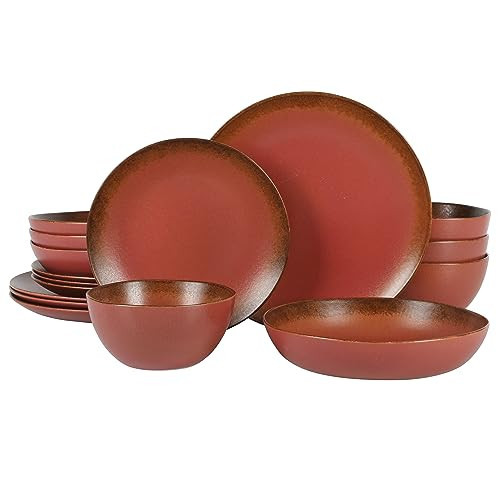 Bloomhouse - Two Time Oprah's Favorite Things Winner - Palermo Sun Double Bowl Stoneware Reactive Glaze Plates and Bowls Dinnerware Set - Paprika Red, Service for Four (16pcs) | Amazon (US)