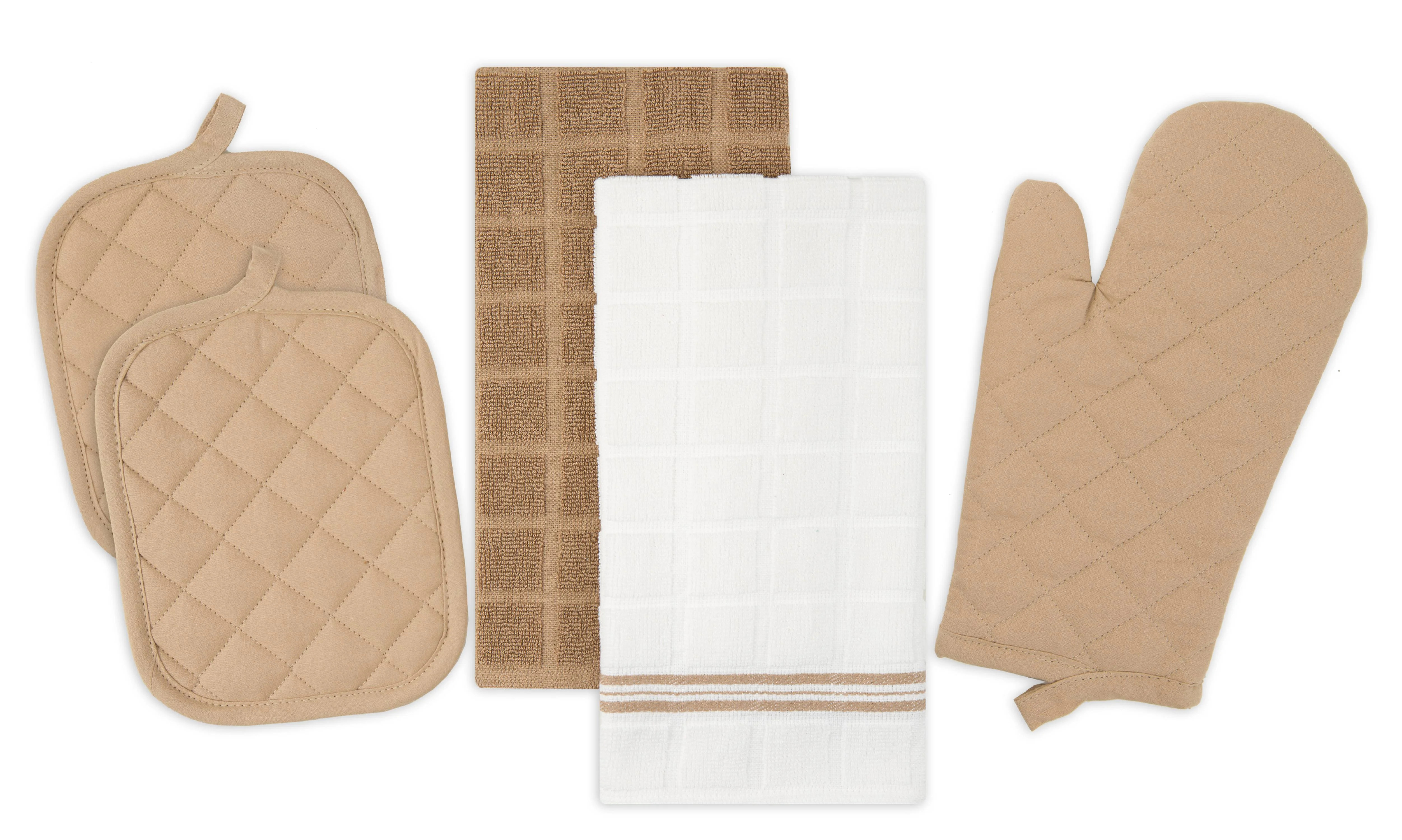 Mainstays Kitchen Towel, Oven Mitt & Pot Holder Kitchen Set, 5 Pieces, Tan - Walmart.com | Walmart (US)