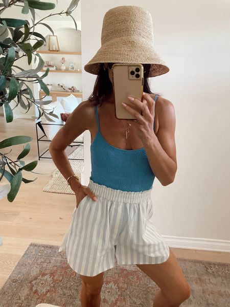 Summer swim outfit 
Striped pull on shorts (true to brand sizing) 
Blue crinkle suit 
Fourth of July outfit inspo 

#LTKstyletip #LTKswim