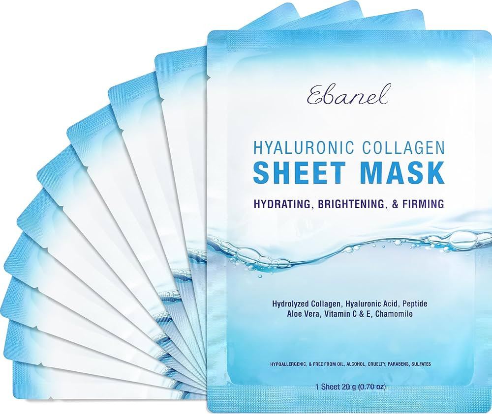 Ebanel 10 Pack Collagen Face Mask with Hyaluronic Acid, Vitamin C, Peptide, Aloe, Instant Brighte... | Amazon (US)
