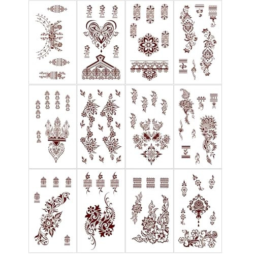 Henna Tattoo 12 Sheets Red Brown Henna Temporary Tattoos for Women and Teen Girl, Waterproof Realistic Mehndi Fake Tattoos for Wedding Beach Rave Festival Party Makeup Body Paint Parties Friends etc | Amazon (US)