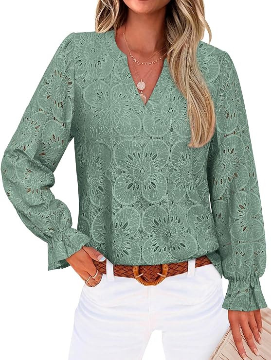 RUMIA Womens Blouses V Neck Eyelet Lace Tops with Lining 2026 Fall Fashion | Office wear for wome... | Amazon (US)