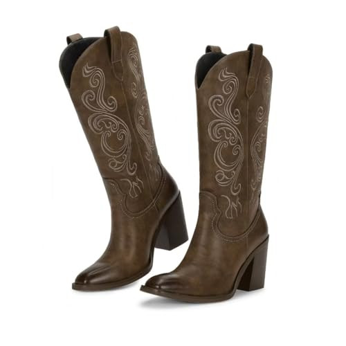 wetkiss Brown Cowboy Boots for Women, Chunky Heel Western Boots, Embroidered Square Toe Cowgirl Boots for Women (Brown-10) | Amazon (US)