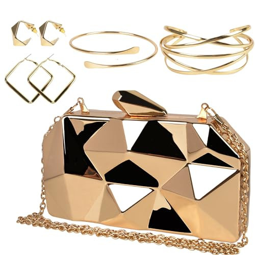 Women's Lattice Gold Clutch Purses - Geometric Lattice Metal Evening Bag with Golden Stone Cut for Party | Amazon (US)