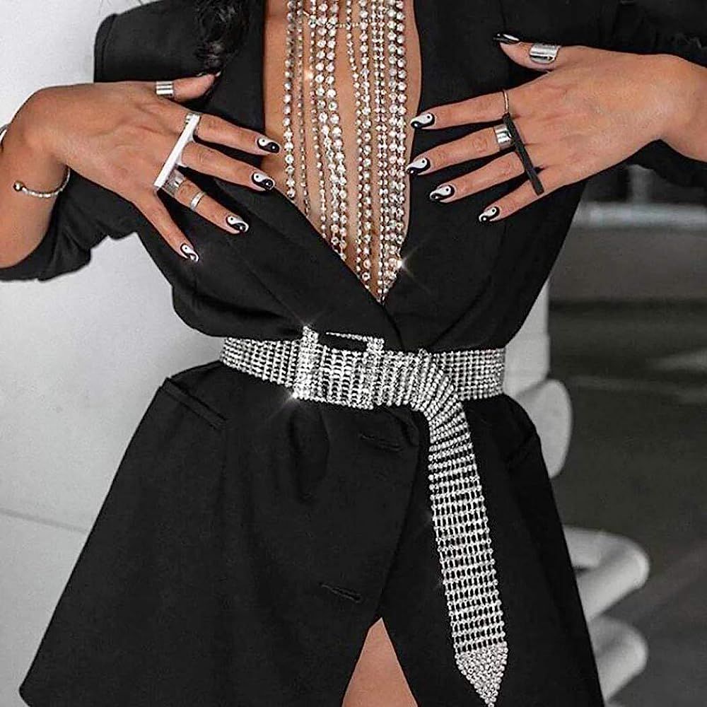 Fstrend Women Sparkle Crystal Rhinestone Chain Belts Sexy Luxury Waist Buckle Metal Beads Around Sas | Amazon (US)