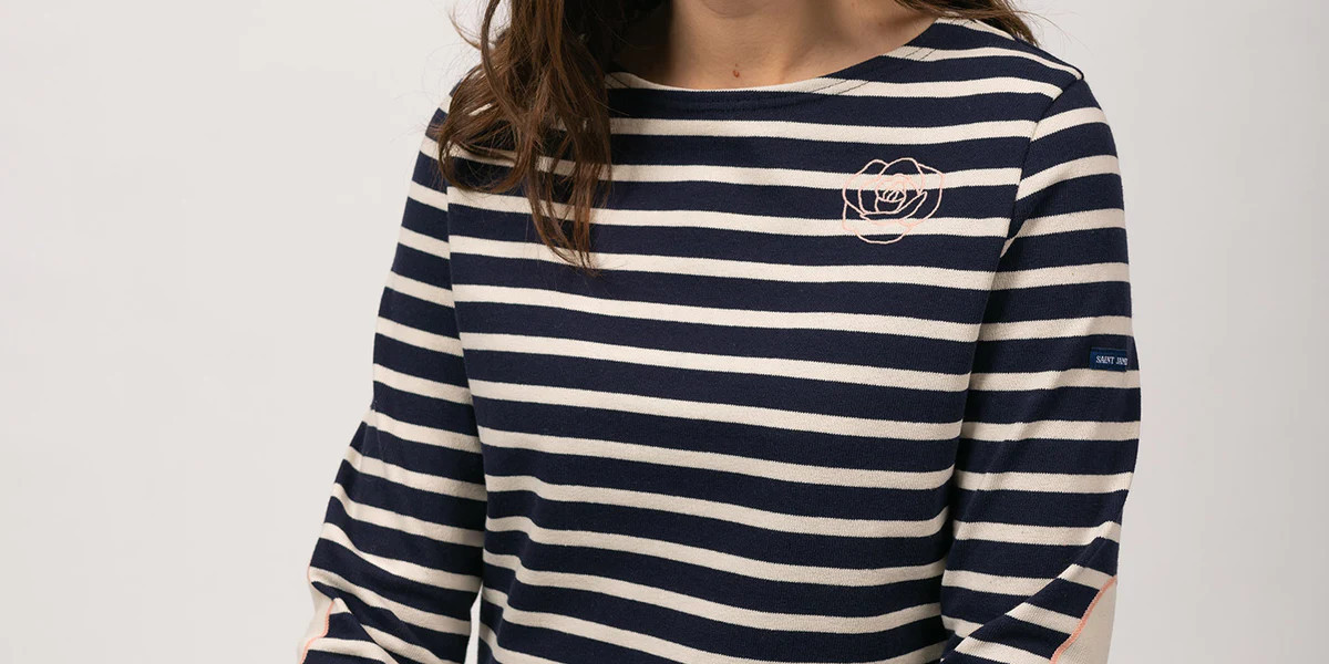 LAUSANNE - Long Sleeve Striped Shirt with Embroidery and Elbow Patches I Heavyweight Cotton (NAVY... | Saint James USA