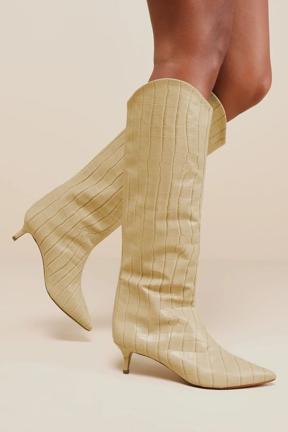 Maryana Lo Almond Buff Croc-Embossed Leather Knee-High Boots | Lulus