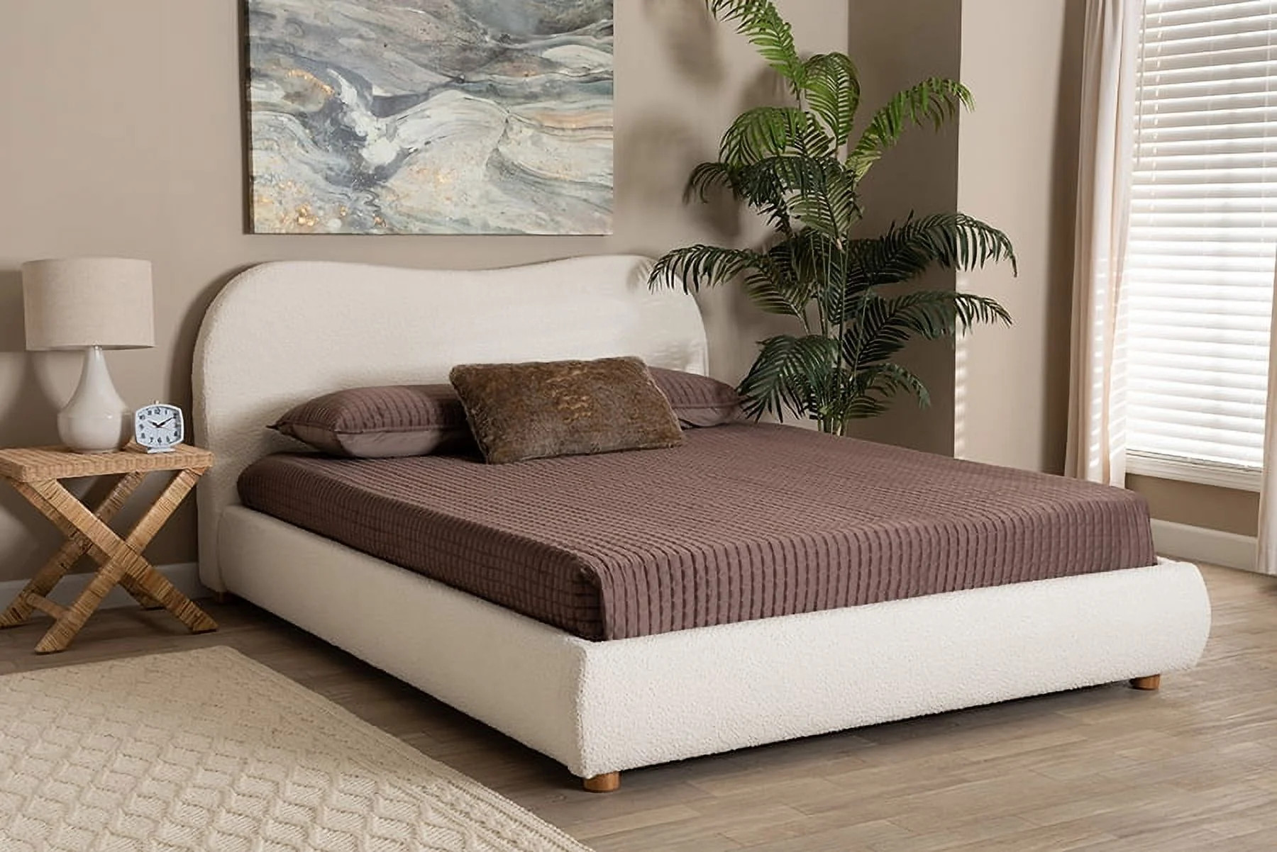 Baxton Studio Maya Mid-Century Modern Cream Boucle Fabric and Oak Brown Finished Wood Queen Size ... | Walmart (US)