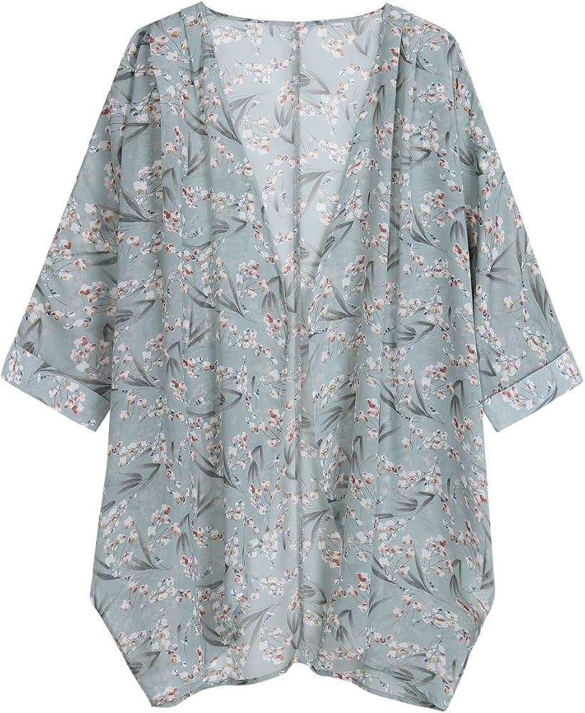Women's Floral Print Sheer Chiffon Loose Kimono Cardigan Capes | Amazon (US)