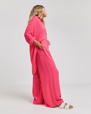 Hot Pink Tie Waist Crinkle Wide Leg Trousers | Simply Be | Simply Be (UK)