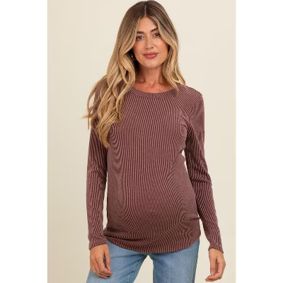 PinkBlush Brown Ribbed Scoop Neck Long Sleeve Maternity Top Brown X Large | Target