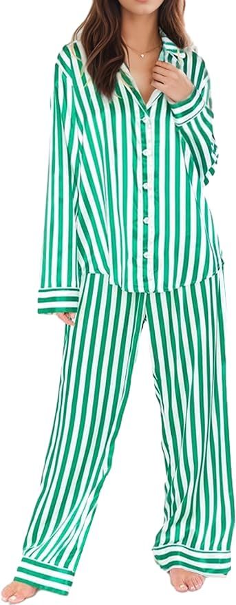 HOCANDY Women Two Pieces Pajama Set Striped Button Down Long Sleeve Shirt Wide Legs Pants Set Sof... | Amazon (US)