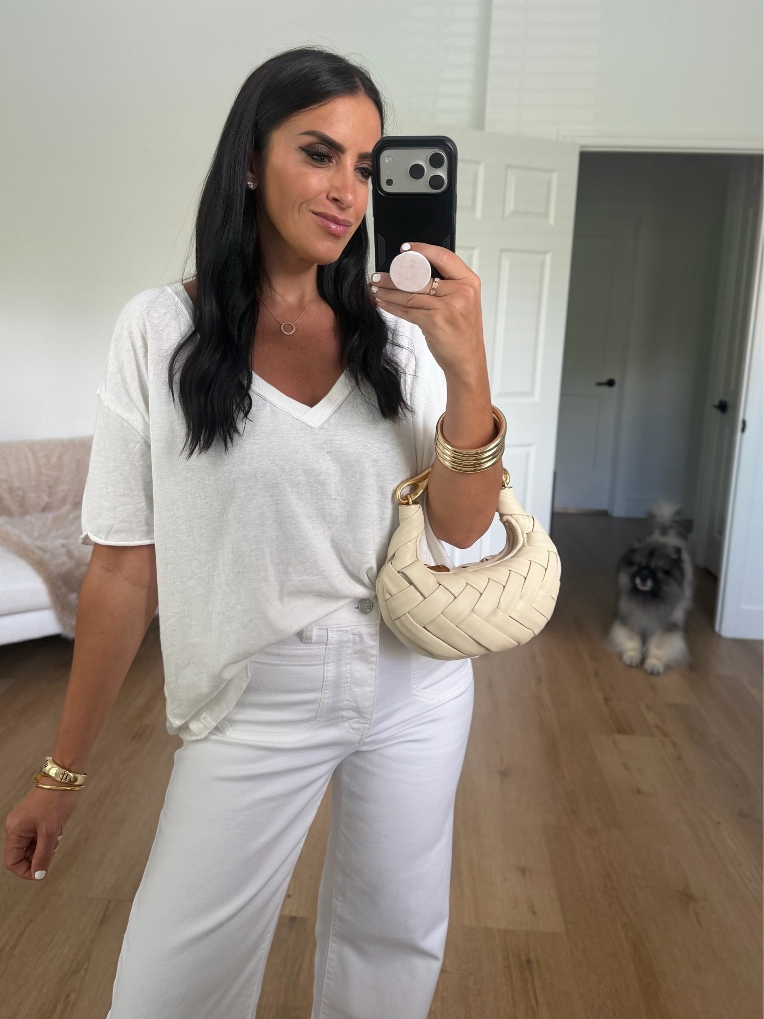 Free people v neck tee wearing size small but could have done an xs. Frame white jeans wearing size 27
