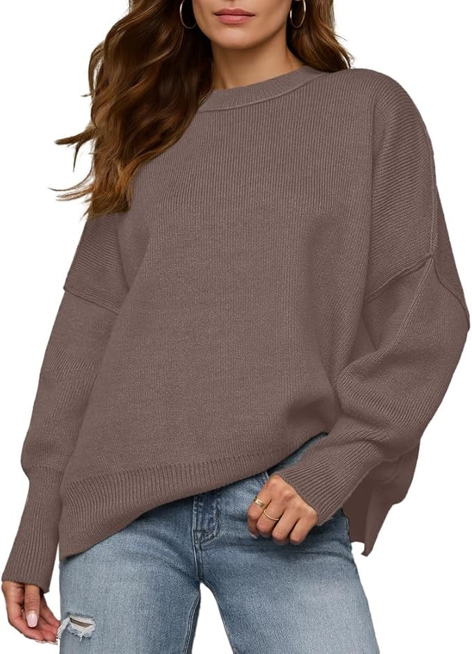 Womens Crewneck Batwing Long Sleeve Sweaters Fall 2025 Oversized Side Slit Ribbed Knit Sweaters P... | Amazon (US)